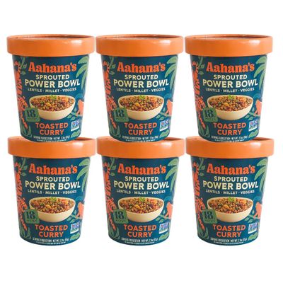 Aahanas Toasted Curry Sprouted Power Bowl - Gluten-Free, Plant-Based Instant Meal with Sprouted Lentils - 18g Protein, 12g Fiber, Vegan, Non-GMO, Kosher - Just Add Hot Water (6 Pack)