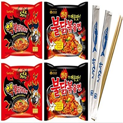 Samyang Spicy Hot Chicken Flavor Ramen Spicy Noodles with Fish Logo Chopsticks 2Pcs (Original (2) Hack2X (2))