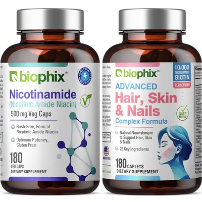 B-3 Nicotinamide 500 mg 180 Vcaps - Hair Skin and Nails 180 Caplets 10000 mcg Biotin - Nicotinic Amide Niacin Natural Flush-Free Vitamin Formula - Supports Skin Cell Health
