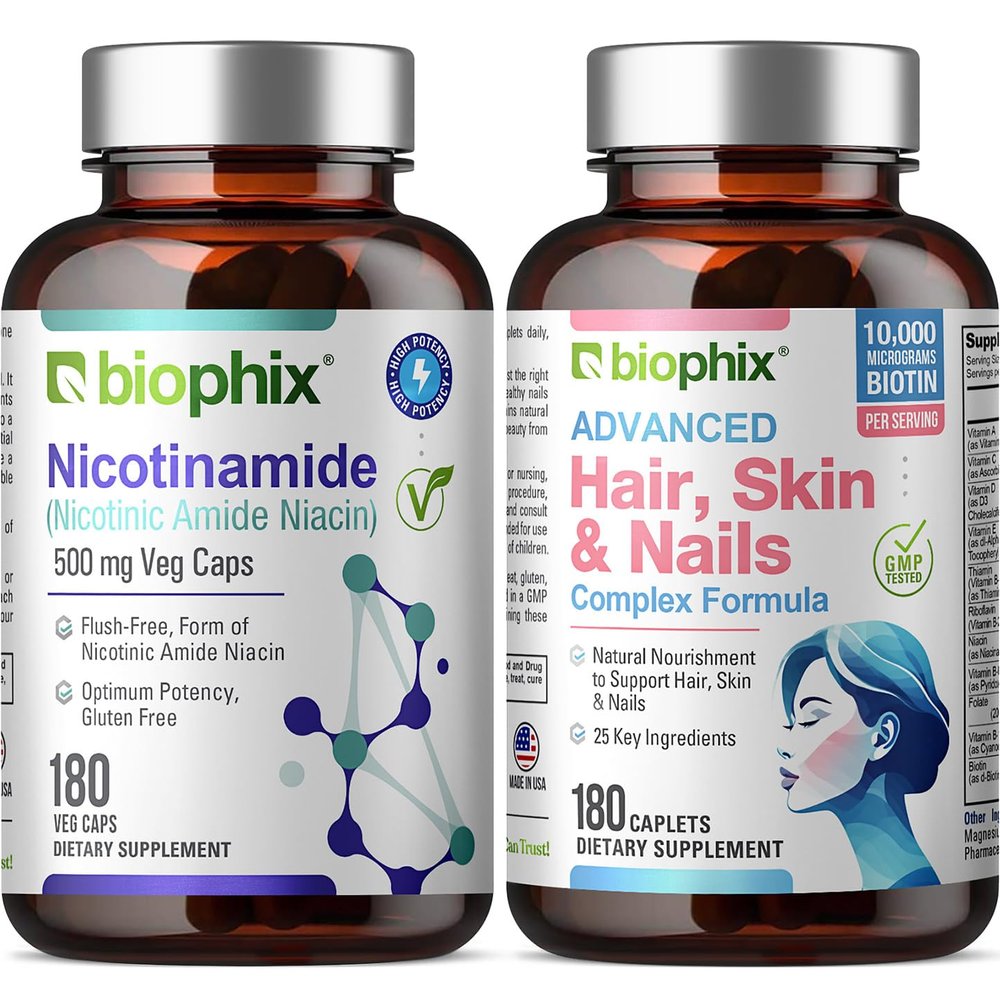B-3 Nicotinamide 500 mg 180 Vcaps - Hair Skin and Nails 180 Caplets 10000 mcg Biotin - Nicotinic Amide Niacin Natural Flush-Free Vitamin Formula - Supports Skin Cell Health