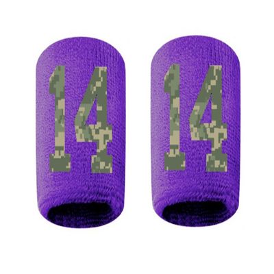#14 Embroidered/Stitched Sweatband Wristband PURPLE Sweat Band w/ CAMO CAMOUFLAGE Number (2 Pack)