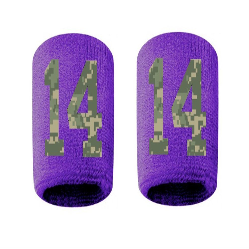 #14 Embroidered/Stitched Sweatband Wristband PURPLE Sweat Band w/ CAMO CAMOUFLAGE Number (2 Pack)