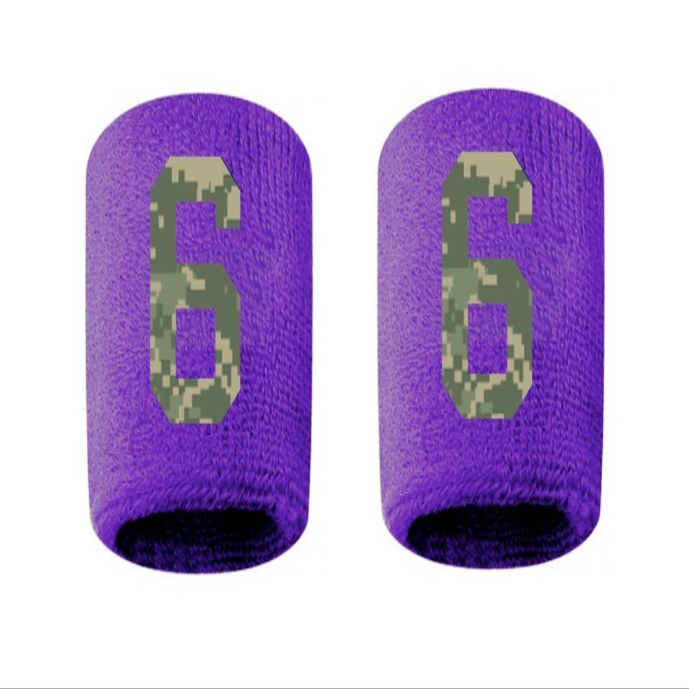 #6 Embroidered/Stitched Sweatband Wristband PURPLE Sweat Band w/ CAMO CAMOUFLAGE Number (2 Pack)