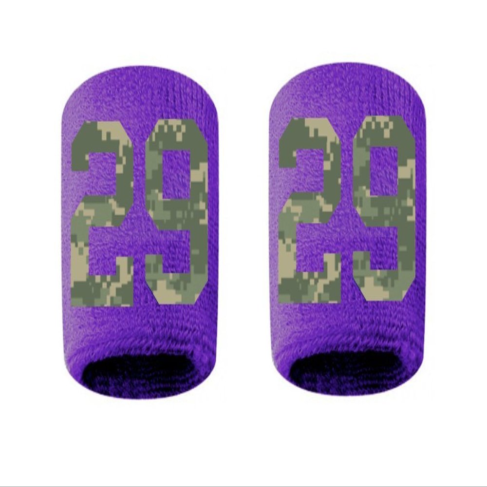 #29 Embroidered/Stitched Sweatband Wristband PURPLE Sweat Band w/ CAMO CAMOUFLAGE Number (2 Pack)