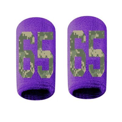 #65 Embroidered/Stitched Sweatband Wristband PURPLE Sweat Band w/ CAMO CAMOUFLAGE Number (2 Pack)