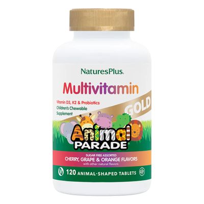 NaturesPlus Animal Parade Gold Children's Multivitamin - Assorted Cherry, Orange & Grape Flavors - 120 Animal-Shaped Chewable Tablets, Pack of 3 - Vegan, Gluten Free - 180 Total Servings