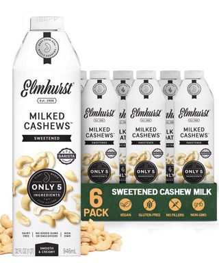 Elmhurst 1925 Sweetened Cashew Milk - 32 Ounce (Pack of 6) Dairy-Free, Vegan, Kosher, Gluten-Free, Shelf Stable Plant Based Milk Made with Water & Cashews for Healthier Coffee, Latte & Smoothies