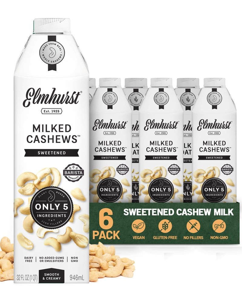 Elmhurst 1925 Sweetened Cashew Milk - 32 Ounce (Pack of 6) Dairy-Free, Vegan, Kosher, Gluten-Free, Shelf Stable Plant Based Milk Made with Water & Cashews for Healthier Coffee, Latte & Smoothies