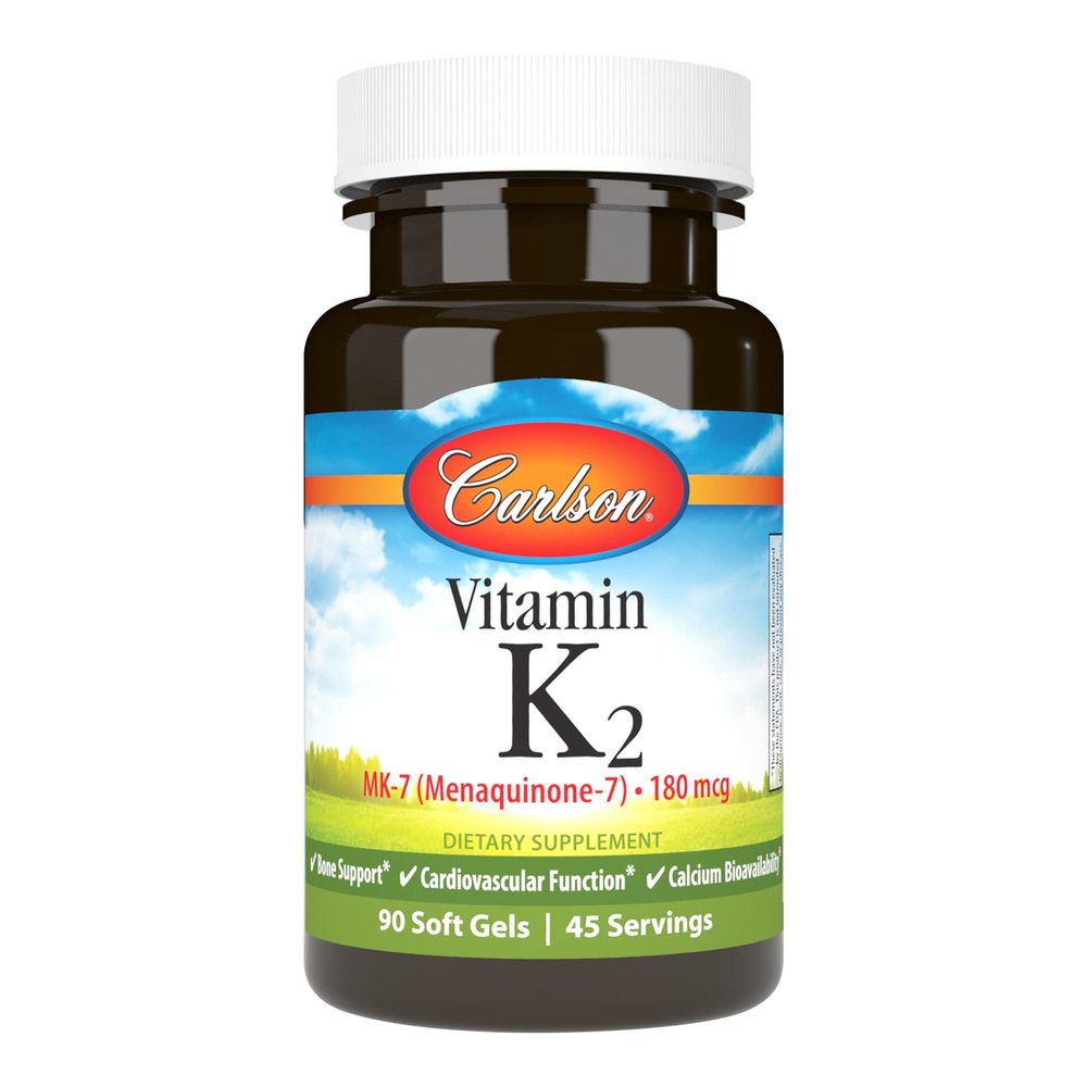 Carlson - Vitamin K2 MK-7 (Menaquinone), 180 mcg, Bone Support, Calcium Bioavailability, K2 Vitamin, Vitamin K-2, 90 Softgels