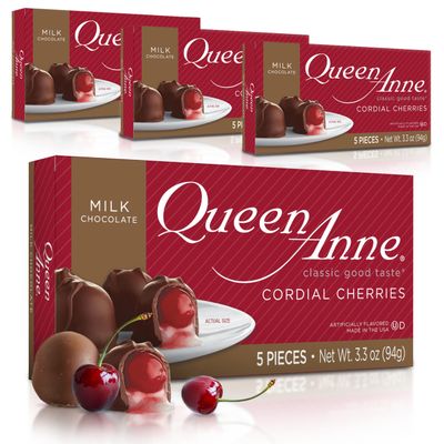 Queen Anne Milk Chocolate Covered Cordial Cherries | 3.3 oz (Pack of 4) | 5 Piece Gift Boxes | Whole Maraschino Cherry Creamy Filled Liquid Center | Holiday Party Chocolate Candy