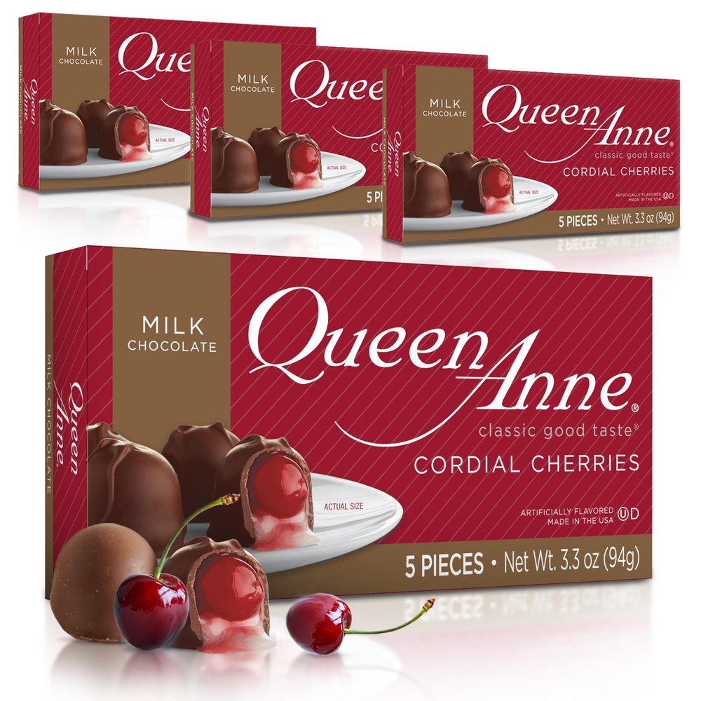 Queen Anne Milk Chocolate Covered Cordial Cherries | 3.3 oz (Pack of 4) | 5 Piece Gift Boxes | Whole Maraschino Cherry Creamy Filled Liquid Center | Holiday Party Chocolate Candy