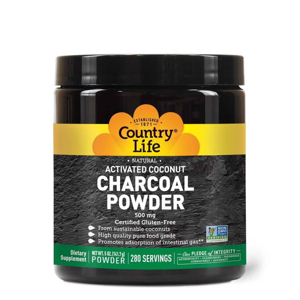 Country Life Activated Coconut Charcoal Powder 500mg  Natural Activated Charcoal for Digestive Health, Gas & Bloating Relief, DIY Uses - Non-GMO, Gluten-Free, Vegan, 5oz Powder