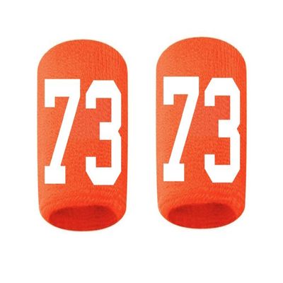 #73 Embroidered/Stitched Sweatband Wristband ORANGE Sweat Band w/ WHITE Number (2 Pack)