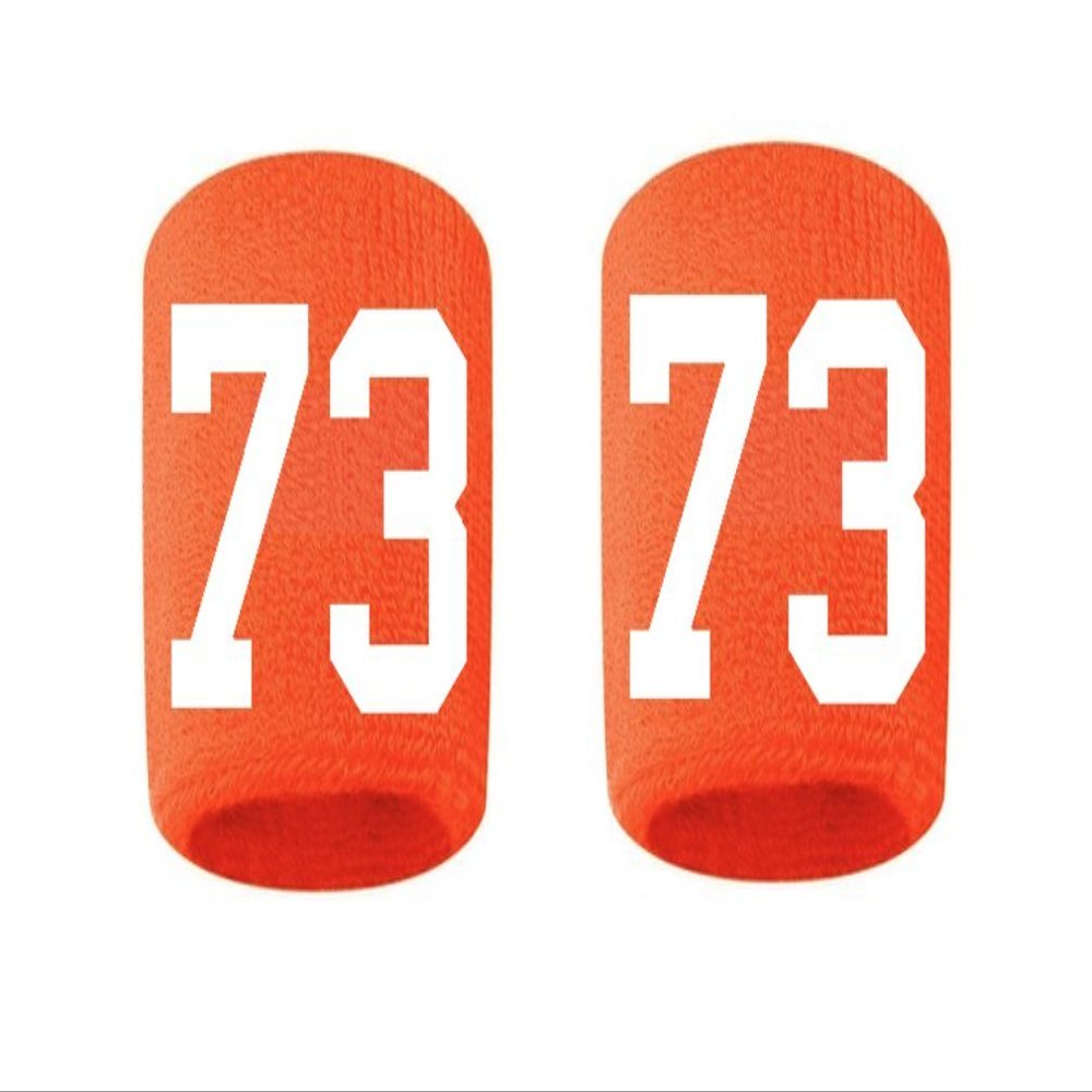 #73 Embroidered/Stitched Sweatband Wristband ORANGE Sweat Band w/ WHITE Number (2 Pack)
