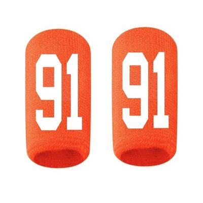 #91 Embroidered/Stitched Sweatband Wristband ORANGE Sweat Band w/ WHITE Number (2 Pack)