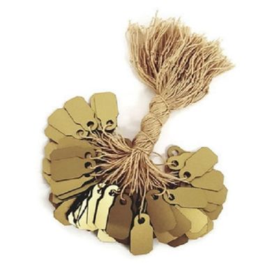 100 Pcs Plastic String Tags - Elegant Jewelry Tags Perfect for Gifts or Business (7/8" x 3/8" - 100 Pack, Gold)