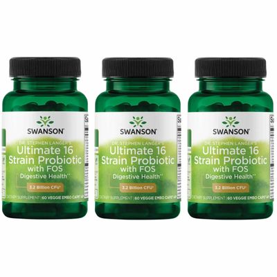 Swanson Dr. Stephen Langer's 16-Strain Probiotic with Prebiotic FOS for Gut-Health-Conscious Adults with 3.2 Billion CFU (60 Vegan Capsules, 3 Pack)