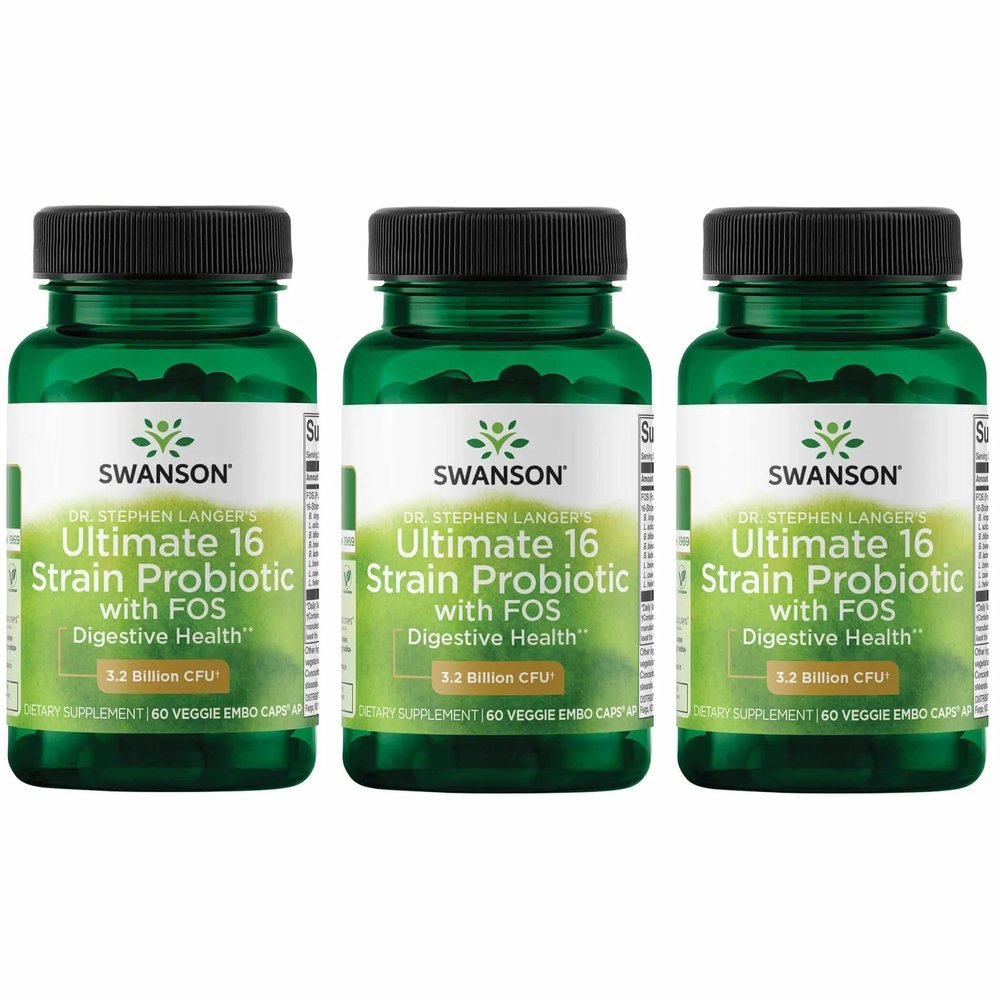 Swanson Dr. Stephen Langer's 16-Strain Probiotic with Prebiotic FOS for Gut-Health-Conscious Adults with 3.2 Billion CFU (60 Vegan Capsules, 3 Pack)