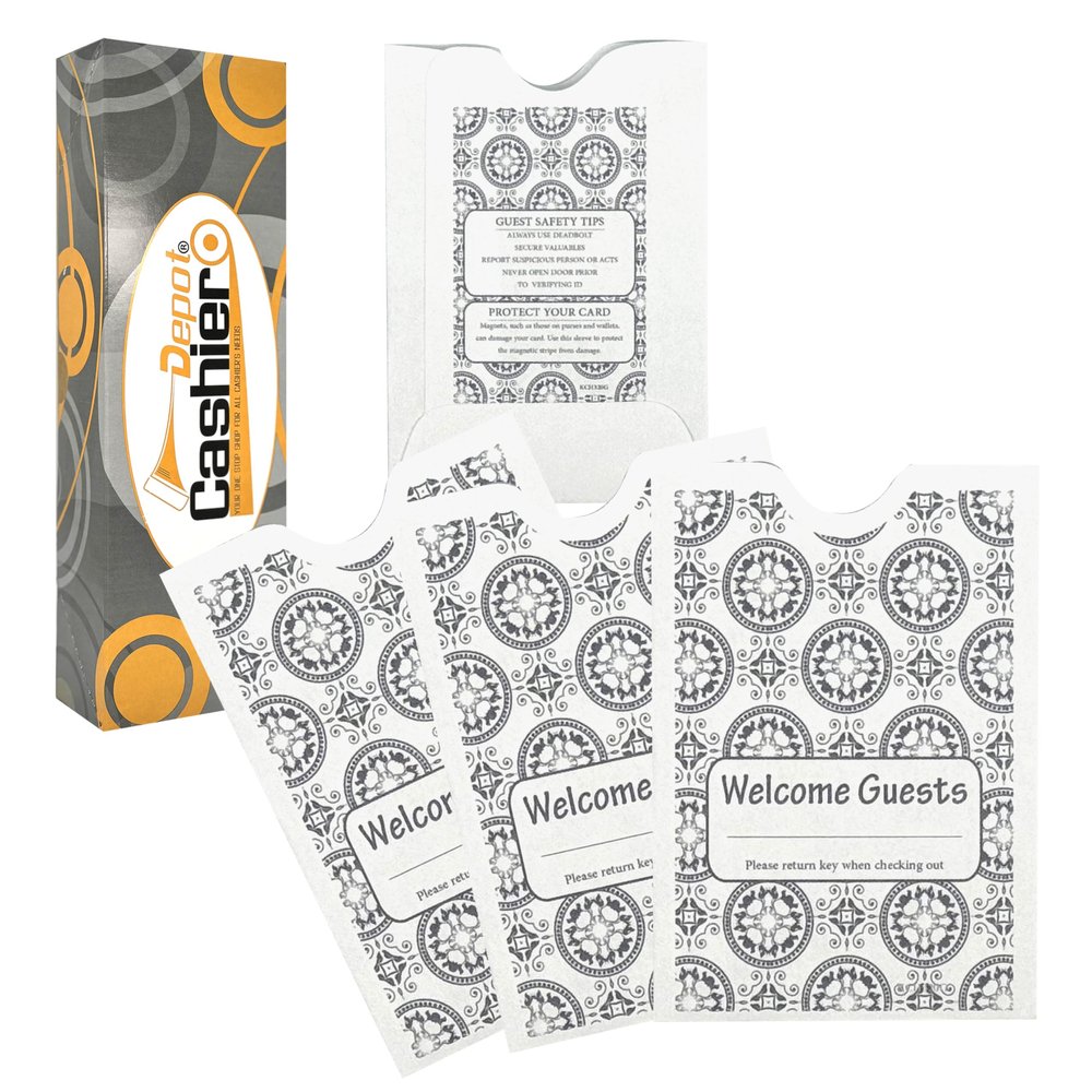 1000 Cashier Depot - Hotel Key Card Sleeves, White 24lb Paper, 2 3/8 x 3 1/2 Inches, Welcome Guest Design, Printed in Gray, 1000 Count