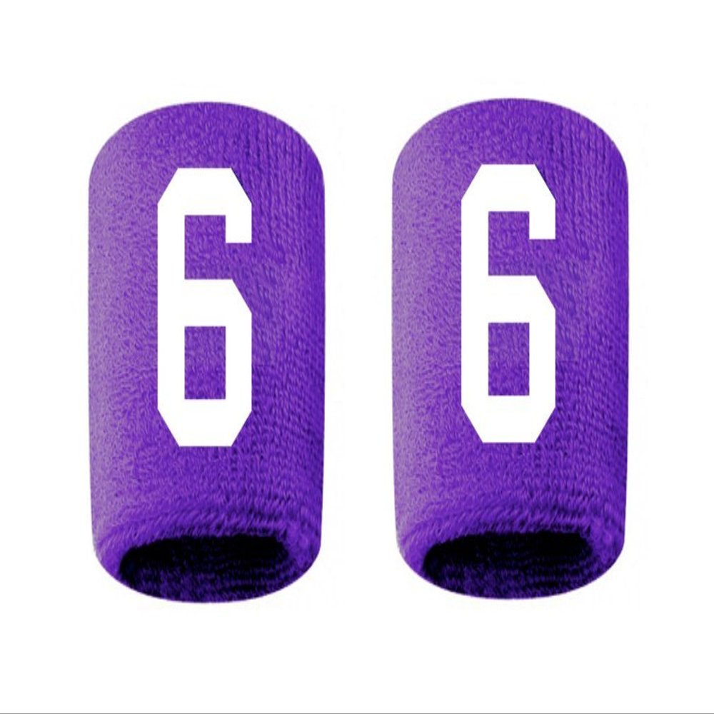 #6 Embroidered/Stitched Sweatband Wristband PURPLE Sweat Band w/ WHITE Number (2 Pack)