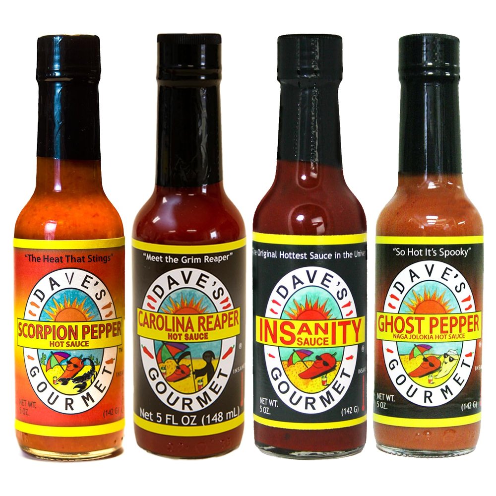Daves Gourmet Insanity Super Hot Sauce Variety 4-Pack - Carolina Reaper, Ghost Pepper, Scorpion & Insanity - Extreme Heat, Bold Flavor - Vegan, Gluten-Free, No Preservatives - 5oz Bottles