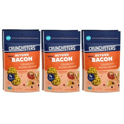 Crunchsters Crunchy Sprouted Mung Beans, Plant-Based Protein Super-Snack and Salad Topper, Gluten-Free, Nut-Free, Vegan, 6g Protein per Serving, 4oz. Bags (6 Pack, Beyond Bacon)