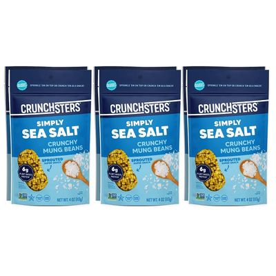 Crunchsters Crunchy Sprouted Mung Beans, Plant-Based Protein Super-Snack and Salad Topper, Gluten-Free, Nut-Free, Vegan, 6g Protein per Serving, 4oz. Bags (6 Pack, Sea Salt)