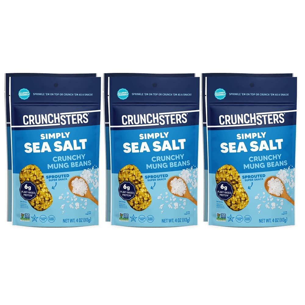 Crunchsters Crunchy Sprouted Mung Beans, Plant-Based Protein Super-Snack and Salad Topper, Gluten-Free, Nut-Free, Vegan, 6g Protein per Serving, 4oz. Bags (6 Pack, Sea Salt)