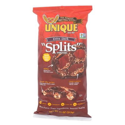 Unique Pretzels Splits - Extra Dark - Case of 12 - 11 oz.