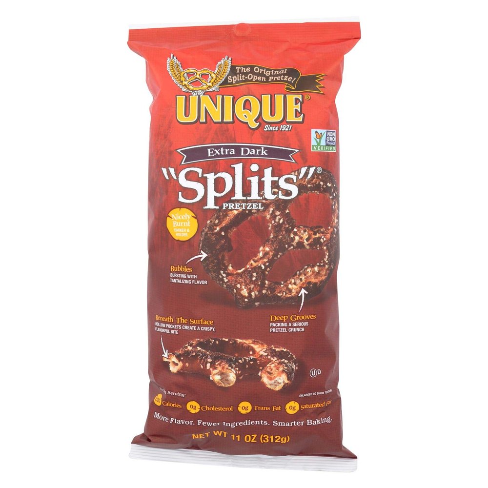 Unique Pretzels Splits - Extra Dark - Case of 12 - 11 oz.