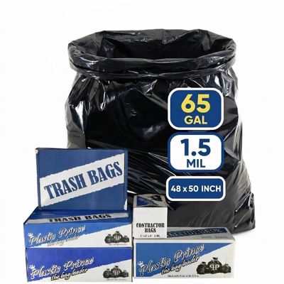 50 Pack of Plastic Prince 65 Gallon Heavy Duty Black Trash Bags, 50" x 48" 1.5 Mil Garbage Liners for Outdoor Wheeled Carts, Yard Waste & Commercial Bins