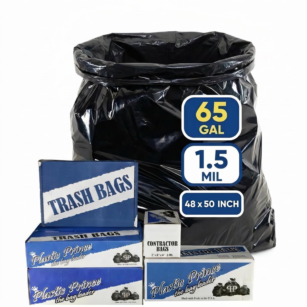 50 Pack of Plastic Prince 65 Gallon Heavy Duty Black Trash Bags, 50" x 48" 1.5 Mil Garbage Liners for Outdoor Wheeled Carts, Yard Waste & Commercial Bins