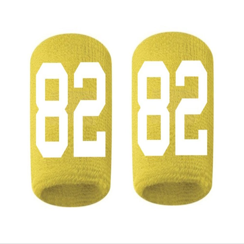 #82 Embroidered/Stitched Sweatband Wristband YELLOW GOLD Sweat Band w/ WHITE Number (2 Pack)