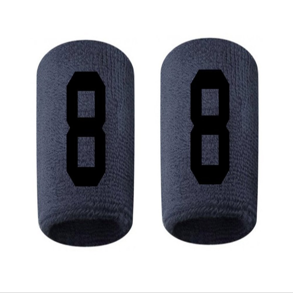 #8 Embroidered/Stitched Sweatband Wristband NAVY BLUE Sweat Band w/ BLACK Number (2 Pack)