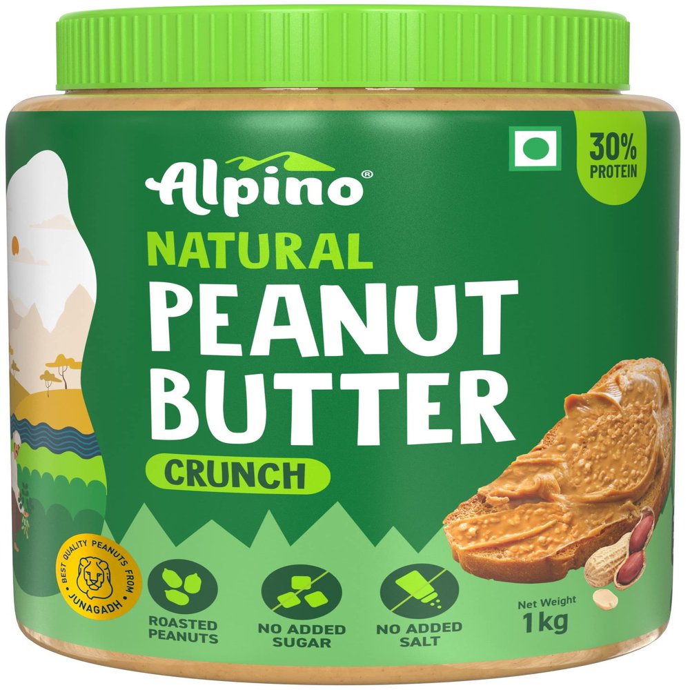 ALPINO Natural Peanut Butter Crunch 1kg - 100% Roasted Peanuts - 30g Protein, No Added Sugar & Salt, non-GMO, Gluten Free, Vegan Plant Based, Unsweetened Peanut Butter Crunchy
