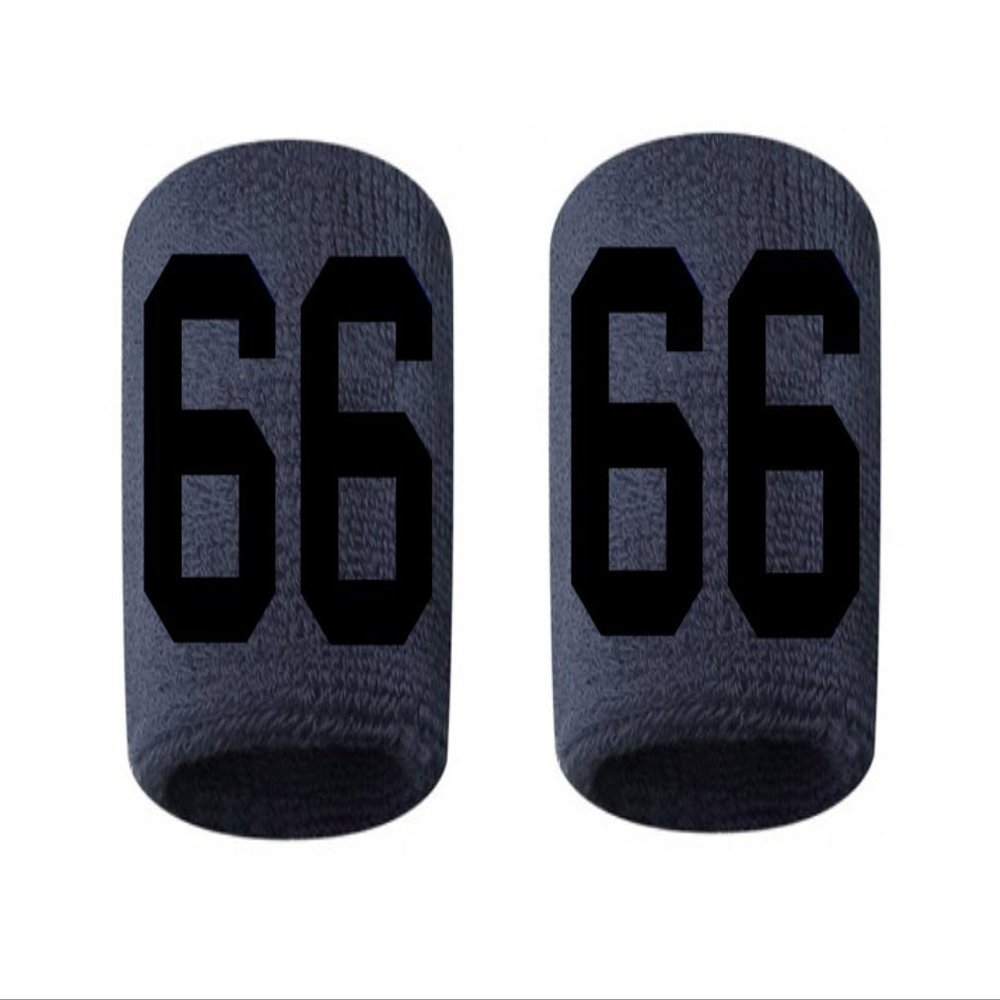 #66 Embroidered/Stitched Sweatband Wristband NAVY BLUE Sweat Band w/ BLACK Number (2 Pack)