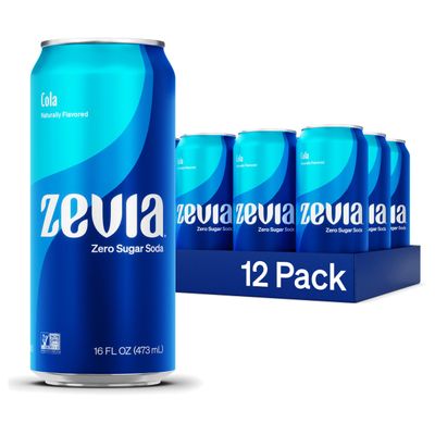 Zevia Zero Sugar Soda, Cola, 16 oz Cans (12-Pack) Naturally Sweetened, Non-GMO Project Verified, Gluten-Free, Vegan