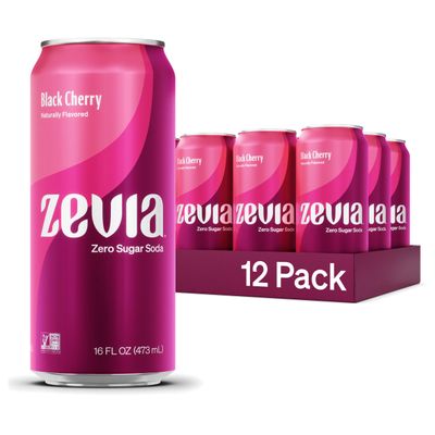 Zevia Zero Sugar Soda, Black Cherry, 16 oz Cans (12-Pack) Naturally Sweetened, Non-GMO Project Verified, Gluten-Free, Vegan