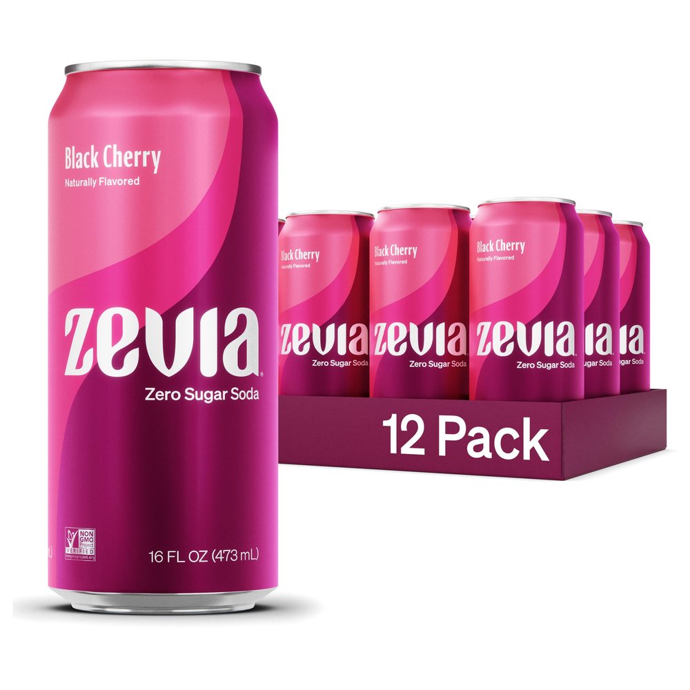 Zevia Zero Sugar Soda, Black Cherry, 16 oz Cans (12-Pack) Naturally Sweetened, Non-GMO Project Verified, Gluten-Free, Vegan