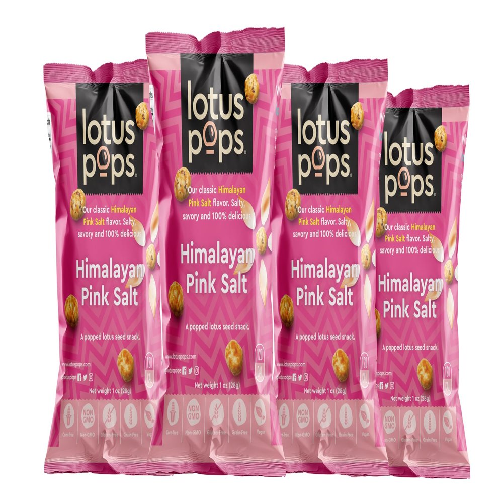 Lotus Pops - Popped Lotus (Water Lily) Seed Snacks Low Calorie Gluten Free and Vegan Snacks | Plant Protein | Roasted Not-Fried | Paleo | Grain Free | Non GMO Certified | (Himalayan Pink Salt 4 1oz Packs)