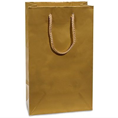 Pack Of 10, Cub 8 x 4 x 10" Solid Gold Deluxe Gloss Color Laminated Paper Gift Bags