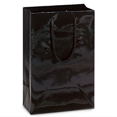Pack Of 10, Cub 8 x 4 x 10" Solid Black Deluxe Gloss Color Laminated Paper Gift Bags