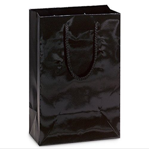 Pack Of 10, Cub 8 x 4 x 10" Solid Black Deluxe Gloss Color Laminated Paper Gift Bags