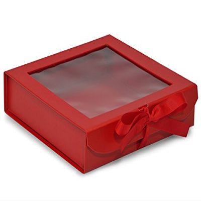 Pack of 18, 8 x 8 x 2" x-Large Solid Red Gourmet Folding Boxes w/Ribbon Closures & Window Lid for Christmas & Valentine