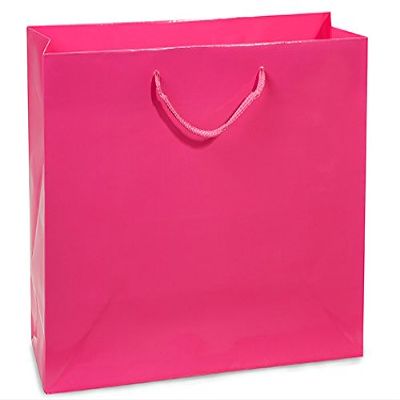 Pack Of 100, Medium 13 x 5 x 10" Solid Hot Pink Deluxe Gloss Color Laminated Paper Gift Bags