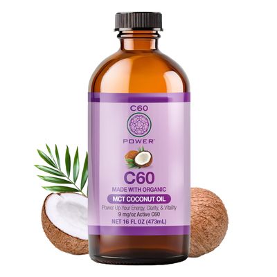 C60 Power C60 in Organic MCT Coconut Oil - Natural Wellness & Antioxidant Support for Men & Women, 99.99% Pure Carbon Fullerenes, Promotes Energy, Mental Clarity, & Stamina - 16 fl oz Bottle