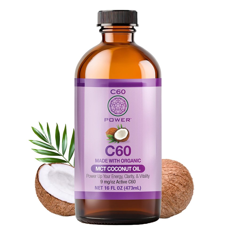 C60 Power C60 in Organic MCT Coconut Oil - Natural Wellness & Antioxidant Support for Men & Women, 99.99% Pure Carbon Fullerenes, Promotes Energy, Mental Clarity, & Stamina - 16 fl oz Bottle