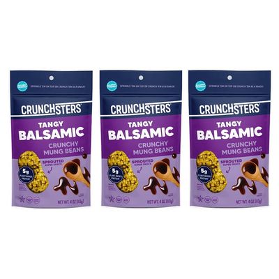 Crunchsters Sprouted Mung Beans, Plant-Based Protein Super-Snack and Salad Topper, Gluten-Free, Nut-Free, Vegan, 5g Protein/Serving, 4oz. Bags, Tangy Balsamic, 3-Pack