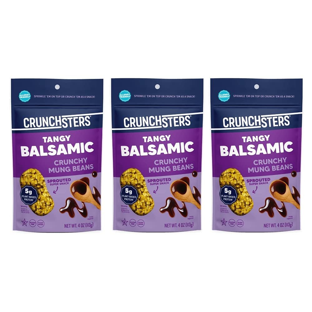 Crunchsters Sprouted Mung Beans, Plant-Based Protein Super-Snack and Salad Topper, Gluten-Free, Nut-Free, Vegan, 5g Protein/Serving, 4oz. Bags, Tangy Balsamic, 3-Pack