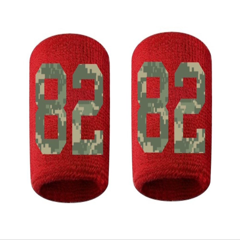 #82 Embroidered/Stitched Sweatband Wristband RED Sweat Band w/ CAMO CAMOUFLAGE Number (2 Pack)
